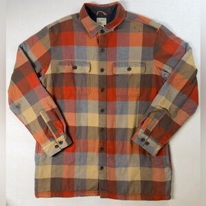 L.L Bean Men's Sz L Tall Fleece Lined Orange And Brown Flannel Shirt Shacket
